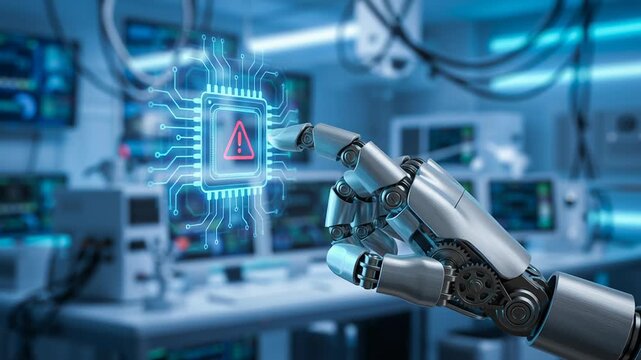 AI robot hand points at digital chip with warning sign highlighting financial market risk and speculation in futuristic technology bubble during economic crisis charts analysis