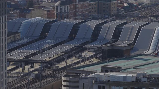 Aerial view of Reading train station, large transport hub in the South of England. Public transportation and rail concept