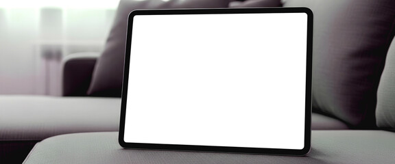 Blank screen tablet positioned on a sofa with natural daylight
