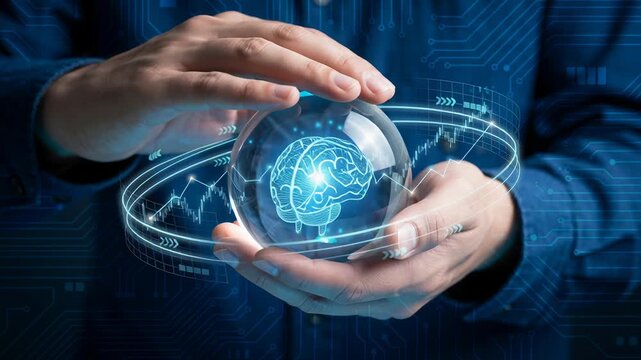 AI bubble financial charts risk market speculation economic crisis concept with brain hologram by hands symbolizing market and economic risk