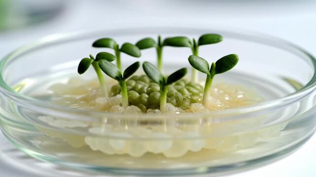 Sprouting seedlings in a petri dish with agar gel.