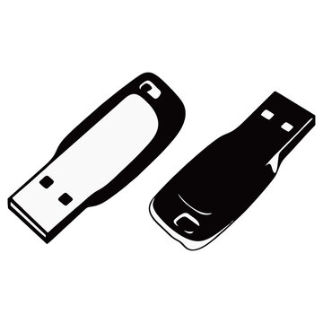 USB Flash Drive Icon Black and White Vector Illustration &ndash; Portable Data Storage Device Isolated on White Background