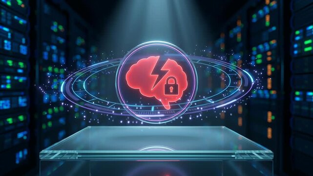 AI technology bubble with financial charts, risk speculation in market, economic crisis concept featuring brain icon and lock symbol in futuristic data center room