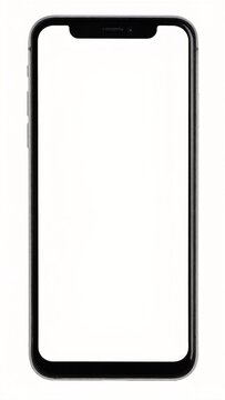 sleek black iPhone lying flat with a bright blank white screen, minimal design, isolated on a clean white background