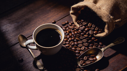background image of black coffee and coffee beans