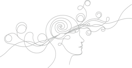Woman with swirling hair and abstract lines