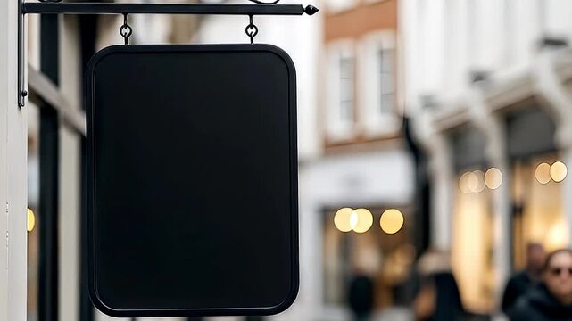 A sleek, empty black sign hangs from a decorative metal bracket, prominently displayed against a softly blurred urban street scene. The sign features rounded corners, offering a clean, contemporary ca