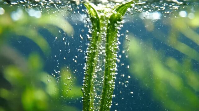 Underwater aquatic plants releasing oxygen bubbles in a serene environment.