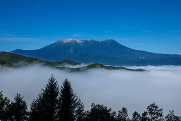 雲海に浮かぶ御嶽山　長野県 木曽町 開田高原から