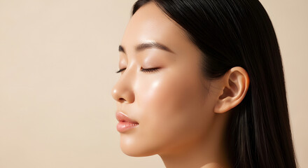 Fototapeta premium Serene Asian woman with smooth skin and closed eyes.