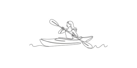 A simple line drawing of a person kayaking on a calm body of water with a double-bladed paddle.