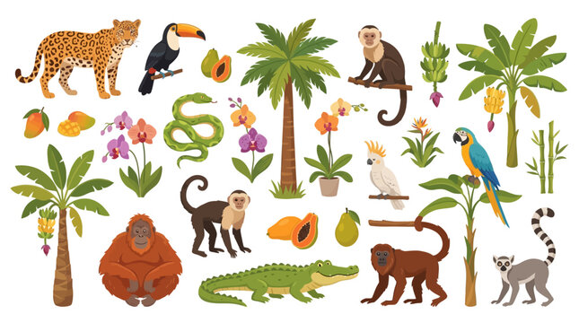 Jungle and Rainforest Animals, Plants, and Fruits Set - Tropical Wildlife Vector Illustrations