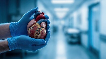 A surgeon's gloved hands cradle a realistic human heart model in a hospital corridor, symbolizing advanced medical care.