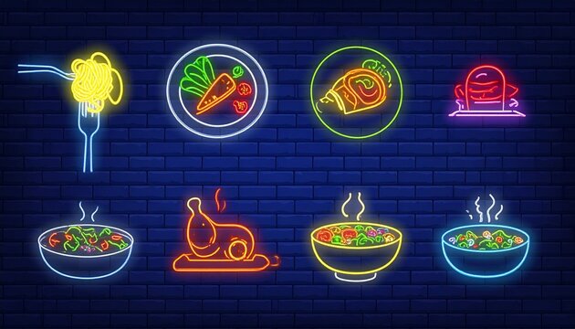 Neon-style food icons glowing against dark brick wall, showcasing vibrant culinary variety.