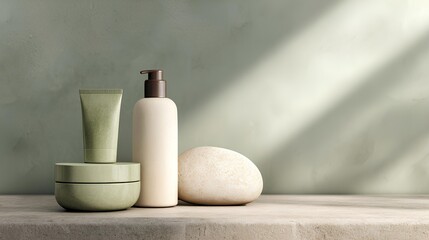 Serene Skincare Ensemble: An elegant arrangement of skincare essentials sits artfully, capturing the essence of self-care and natural beauty. These elements come together with harmony.