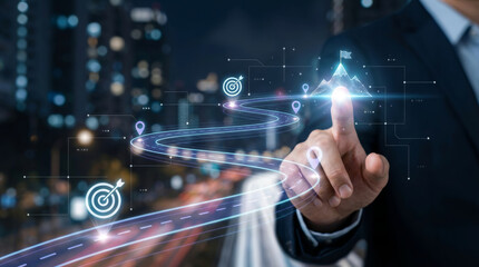 Confident businessman touching navigation route virtual screen showing futuristic transportation logistics technology and successful journey with digital map interface over city background night