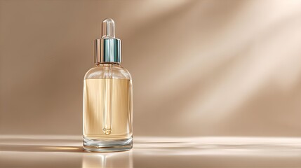 Serene Serum: An elegant glass bottle, filled with a golden liquid, exudes a sense of tranquility with soft light, capturing the essence of skincare
