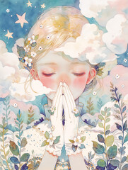 顔の前で手を合わせる女性