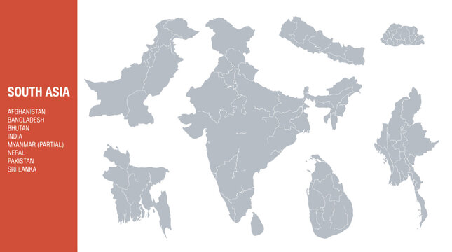 South Asia Countries Political Map Outlines with Borders - Afghanistan, Bangladesh, Bhutan, India, Myanmar, Nepal, Pakistan, Sri Lanka