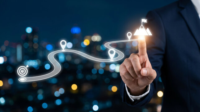 Businessman touching digital path showing business milestones leading to success and growth goal with ambitious feeling over city night bokeh background