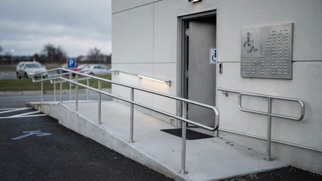 Medium shot showing an accessible drivein restroom entrance with wheelchair ramps and braille signage clearly highlighted against a softly blurred backdrop.