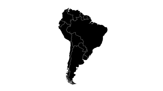 South America Continent Black Silhouette Map with Detailed Country Borders Isolated on White Background for Geography, Education, and Design