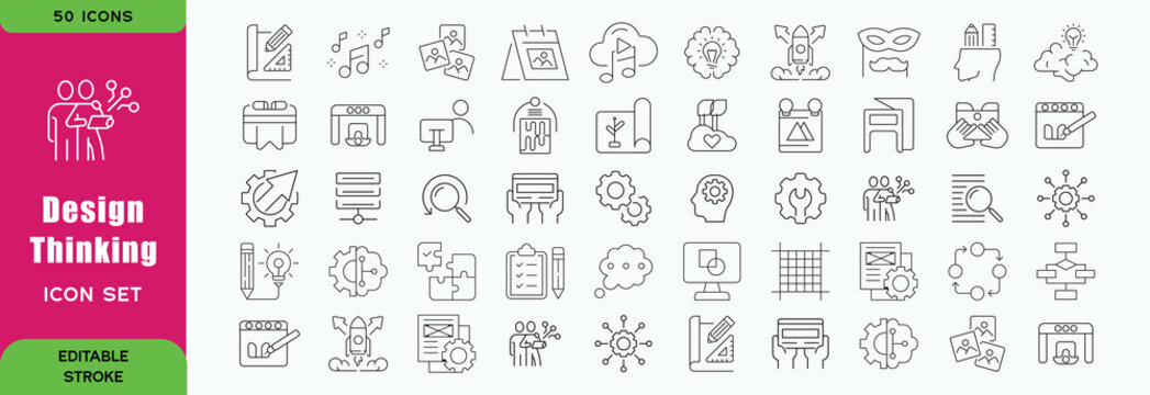 Design Thinking line editable icon set. Contain icons related to design, thinking, ideation, brainstorm, creativity, prototype, innovation, research, and more. Editable stroke. Vector illustration