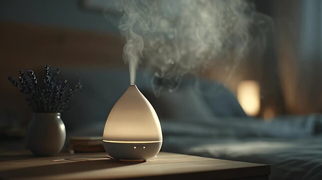 Essential Oil Diffuser Emitting Mist in Bedroom.