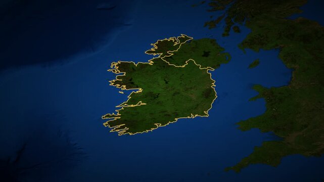 Ireland high resolution 4k satellite map locator video cinematic zoom animation with 3d drop shadow and illuminated border European travel geography and geopolitical news broadcasting asset