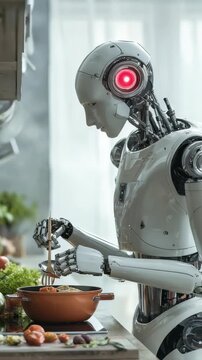 A sleek robot chef stirs food in a pot, surrounded by fresh vegetables and kitchen tools, symbolizing the future of smart home automation. The image captures the synergy of robotics and daily life