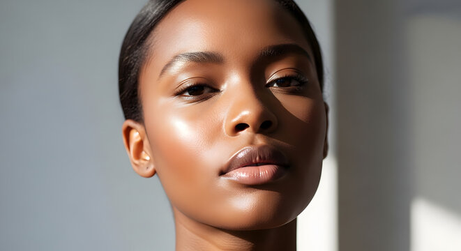 Serene young woman with natural beauty and smooth skin.