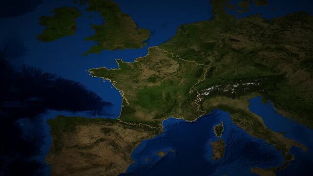 France high resolution 4k satellite map locator video cinematic zoom animation with 3d drop shadow and illuminated border European travel geography and geopolitical news broadcasting asset