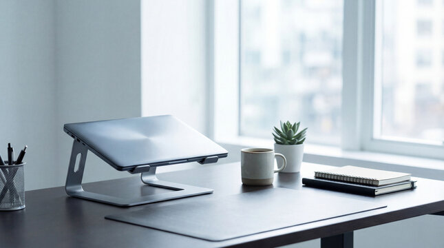 Minimalist home office setup with laptop stand, coffee mug, and plant on a wooden desk, bright natural light from window.