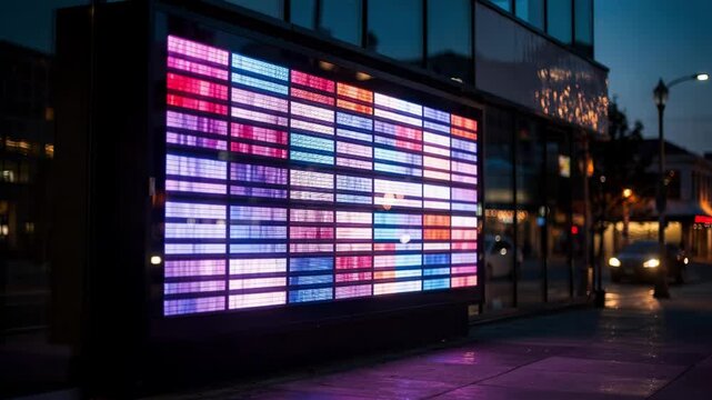 Digital showtime board glowing brightly at dusk medium shot focusing on vivid display of movie times while surroundings remain softly out of focus.