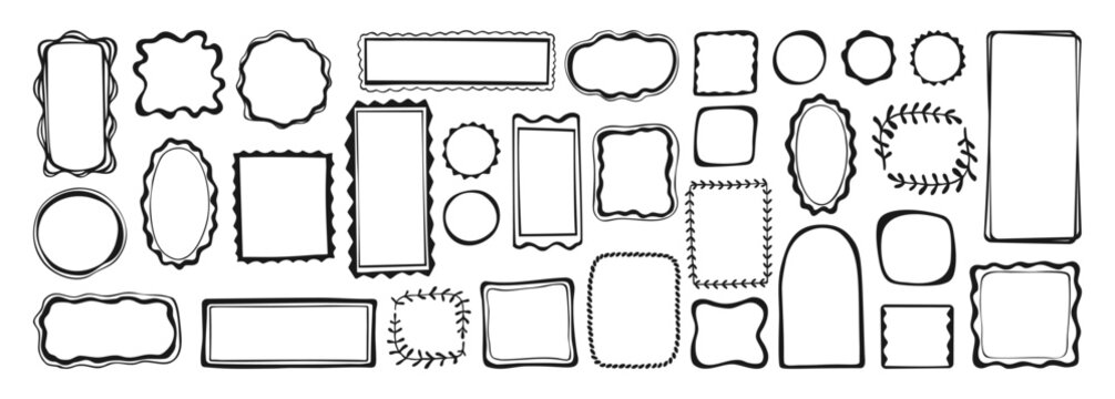 Doodle wave frame set, hand drawn vector illustration scribble pencil style. Whimsical abstract linear borders square oval arch shapes wave round elements. Minimal decorative text boxes various forms