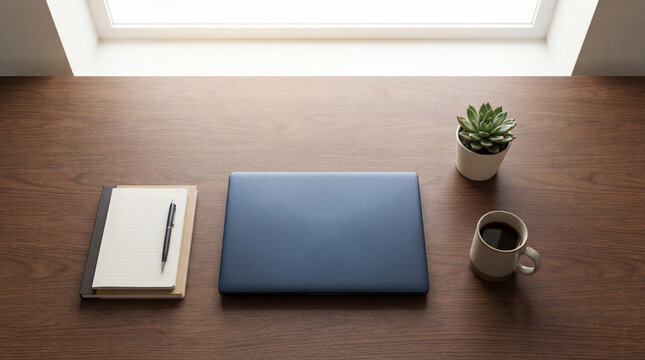 Clean home office desk setup with closed laptop, notebook, pen, succulent plant, and coffee cup by the window, natural light, minimalist workspace.