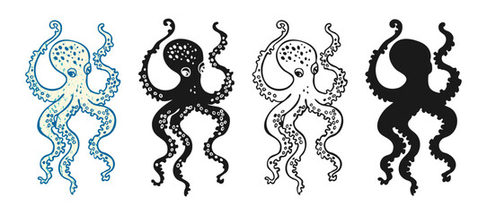 Octopus vector illustration in multiple styles grunge textured look, bold silhouette and doodle line drawing. Vintage hand drawn sea creature octopus kraken. Nautical or marine monster ocean animal © neliakott