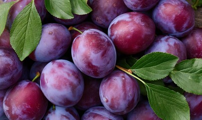 a pile of ripe plums on a natural background with green leaves, fruits densely packed together