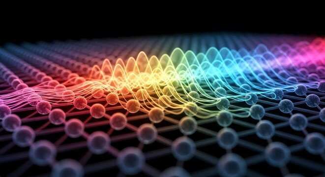 Microscopic visualization of energy transfer through a regular atomic lattice structure, showing thermal waves propagating across the material, nucleus, physical, thermal
