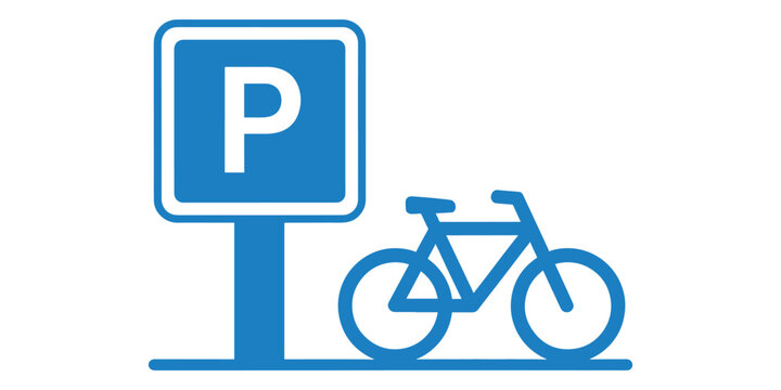 Blue bicycle parking sign icon on white background