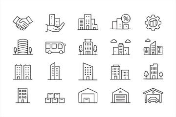 Commercial Real Estate and Building Outline Icon Pack for Property Business Design