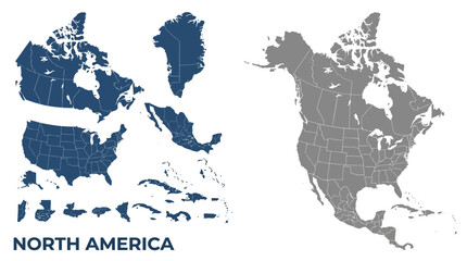 North America Detailed Vector Map Set: Continent, Countries, States, Provinces. Customizable Geographic Elements. © tikasusy