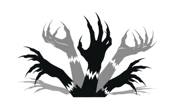 Halloween zombie hand silhouettes with long creepy claws and shadow overlay effect isolated on white background vector illustration