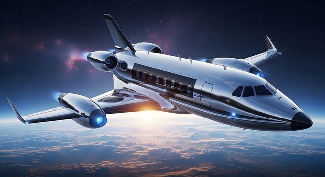 Futuristic Silver Private Jet Flying in Space Above Earth Clouds