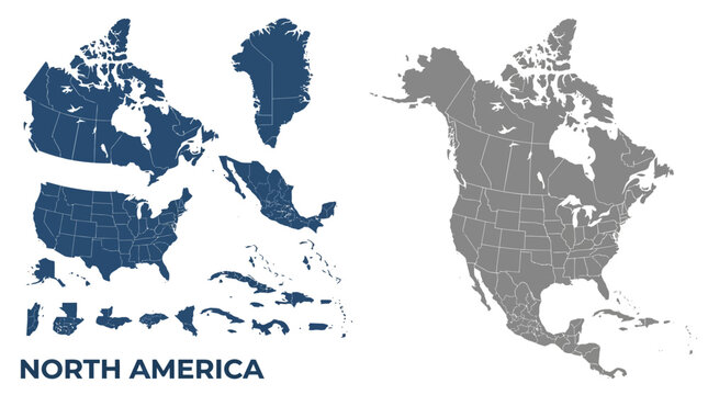 North America Detailed Vector Map Set: Continent, Countries, States, Provinces. Customizable Geographic Elements.