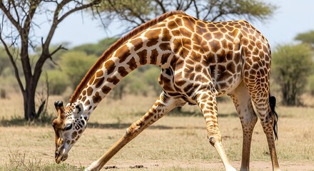 Obraz premium Giraffe Bending Down to Drink in the African Savannah.