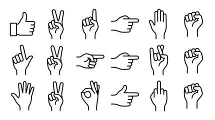 Diverse Hand Gestures Outline Icons. Communication, Direction & Emotion Symbols Set.