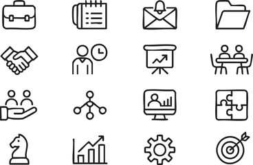 Fototapeta premium Office Productivity and Teamwork Outline Icons Featuring Analytics and Planning