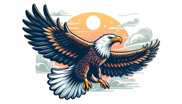 Bald eagle flying with spread wings over sunset sky vector illustration