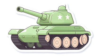 Naklejka premium Kids playing with a green tank sticker featuring transport vehicle with stars on a fun sticker